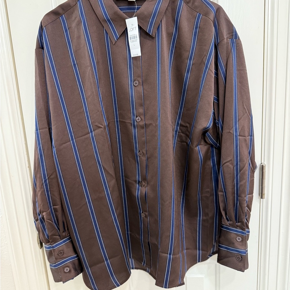 LOFT Brown and Blue Women’s Casual Button Down Shirt